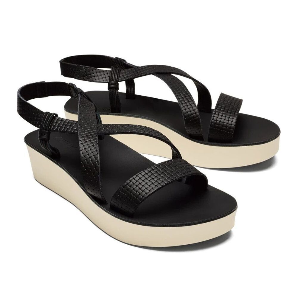 OluKai Ōnohi Strappy Women's Black Leather Wedge Heel Sandals SZ 7